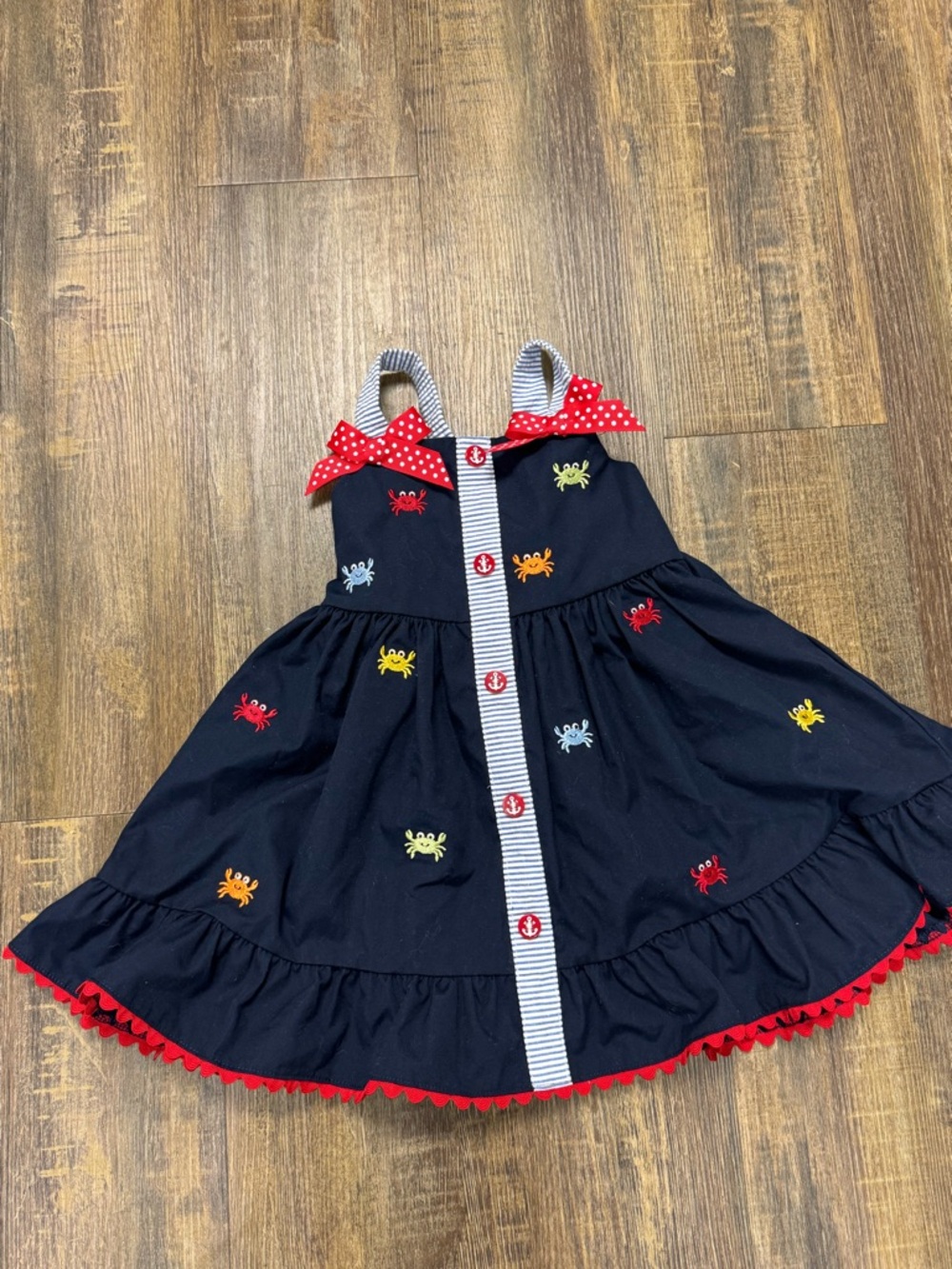 Good Lad Navy Dress with Red, Yellow, Orange, Light Blue, Green Crab Embroidery
